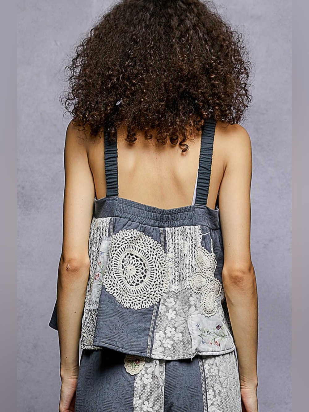 POL Blue Patchwork Cropped Jumpsuit Set with Lace Appliqué - Picture 6 of 11